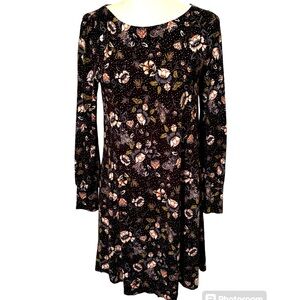 LOFT Black Jersey Knit Fit & Flair Long Sleeve Dress Buttoned Cuffs Size XS